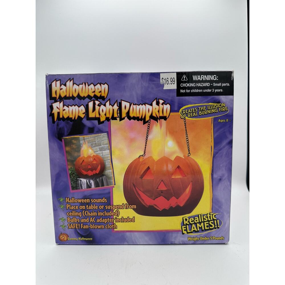 Vintage Gemmy Halloween Flame Light and Sounds Pumpkin 2002 With Box